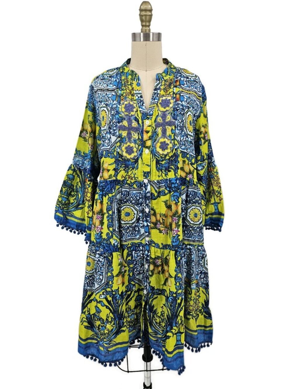 Bottega Positano Lemon Majolica Print Tiered Dress Womens M? Pom Trim Cotton